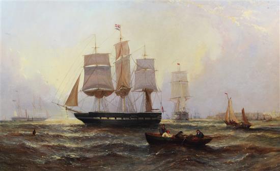 William Calcott Knell (fl.1848-1879) Shipping at anchor off the coast 29 x 50in.